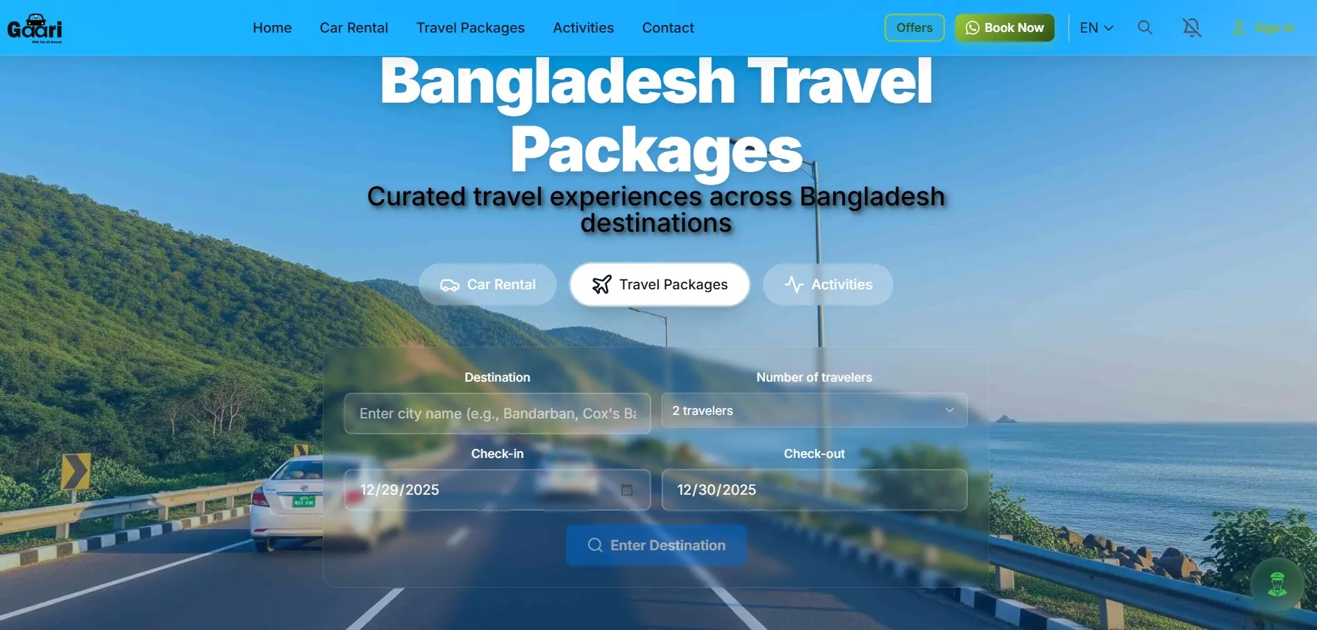 Gaari car booking platform dashboard showing vehicle selection and booking flow